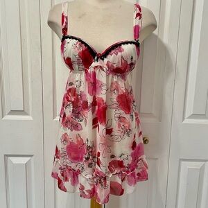 Ambrielle Pink and White Floral Chiffon Chemise 2 Piece Sleep Set